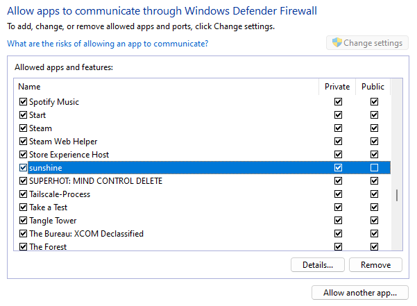 Sunshine firewall settings